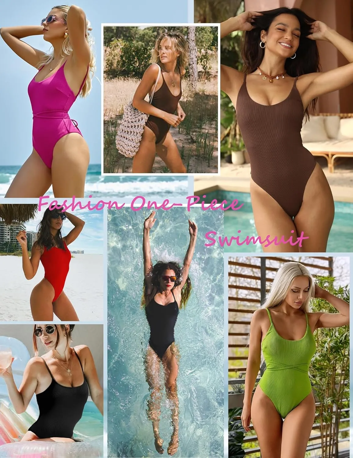 ZAFUL Women's One Piece Swimsuit Lace Up Tie Back Bathing Suits Ribbed Fully Lined Tummy Control Scoop Neck Padded Swimwear
