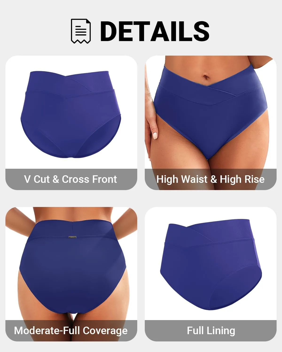 Zmart Womens High Waisted Bikini Bottoms - V Cut Full Coverage Bathing Suit Swimsuit Bottom with Twist Front