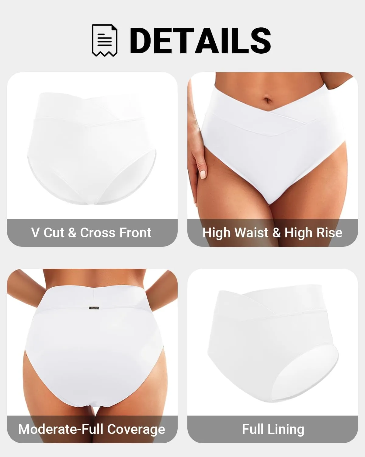 Zmart Womens High Waisted Bikini Bottoms - V Cut Full Coverage Bathing Suit Swimsuit Bottom with Twist Front